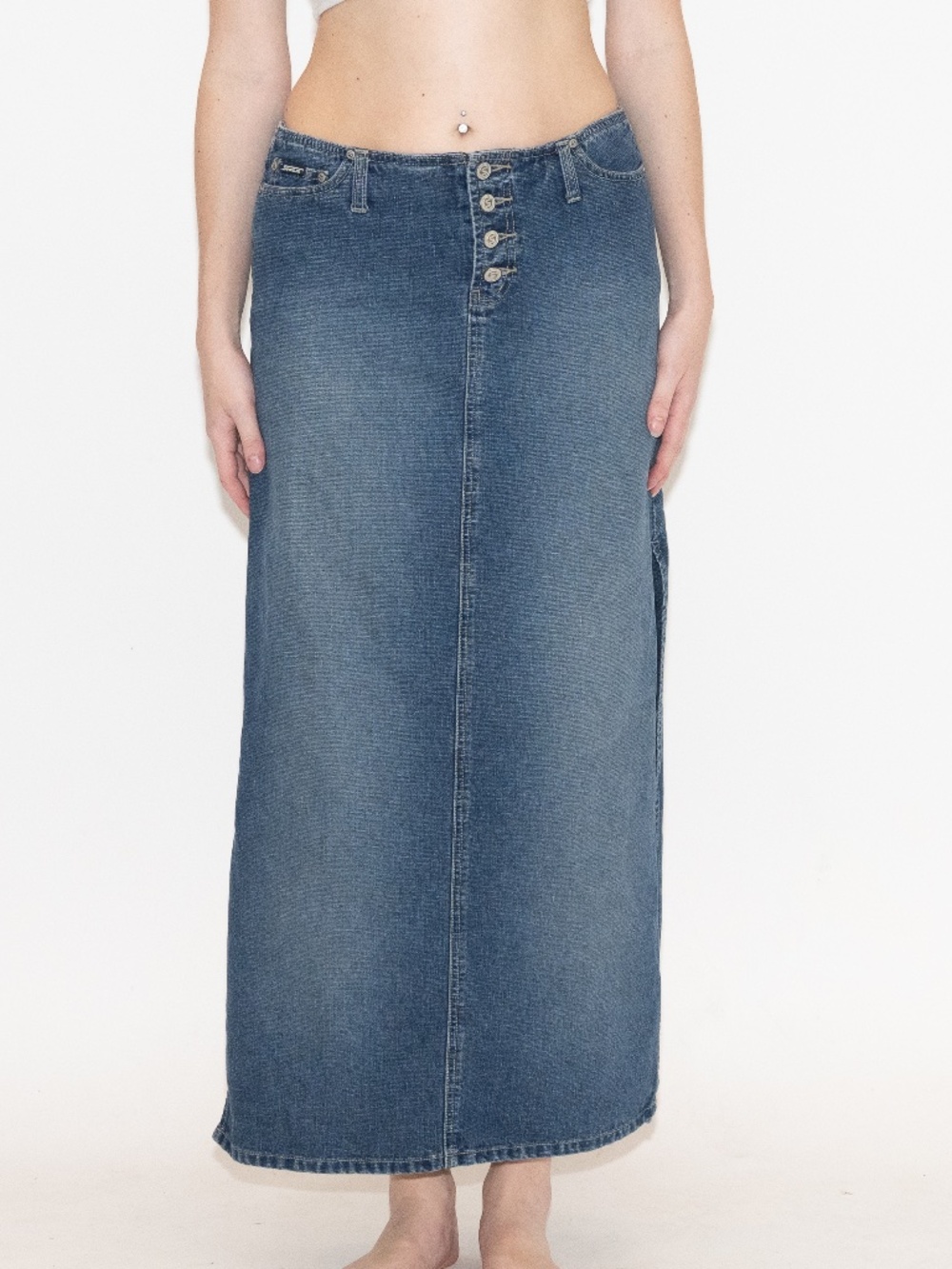 Y2k denim maxi skirt w/ slit button top size 9/10 squeeze by stephen hardy
